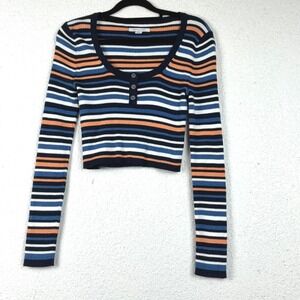 American Eagle Blue Striped Henley Crop Top - M - Ribbed Long Sleeve Boho Retro